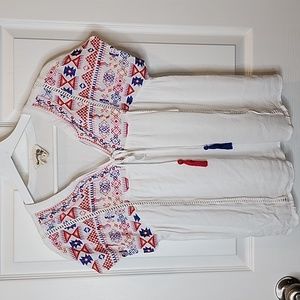 Savanna Jane Capped Sleeve Aztec Embroidered Peasant Top, Women's Size Small